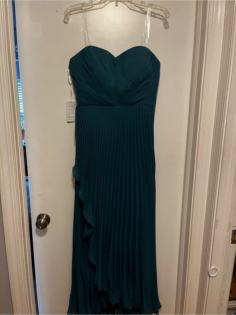 strapless teal pleated formal dress with lace-up back